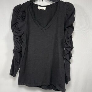 Ruched Puff Sleeve SIX/FIFTY Black Cotton Blend V-Neck Top Size M Medium